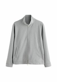 Gray zip-up jacket made of soft fabric, featuring a stand collar, side pockets, and a relaxed fit, with long sleeves and a front zipper.