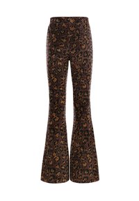 Uitlopende broek van bruine stof met een luipaardprintpatroon. Beschikt over een hoge tailleband en een soepele textuur, ontworpen voor een aansluitende silhouet.