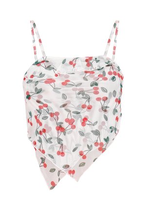 Priesvitný biely top s červenou potlačou čerešničiek, nastaviteľné tenké ramienka a volánový výstrih. Obsahuje trojuholníkový lem a jemné vzory listov.