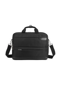 Zwarte laptoptas gemaakt van gestructureerd nylon met een voorvak met rits, dubbele handgrepen, verstelbare schouderband en een subtiele logo-detail.