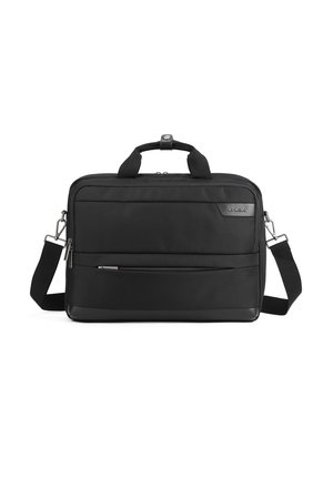 Schwarze Laptoptasche aus strukturiertem Nylon mit einer Fronttasche mit Reißverschluss, zwei Tragegriffen, einem verstellbaren Schultergurt und dezentem Logodetail.