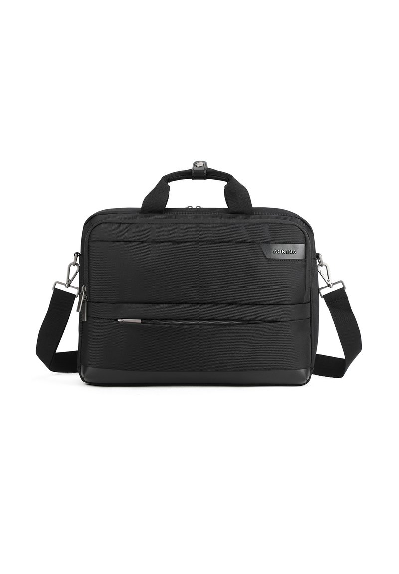 Zwarte laptoptas gemaakt van gestructureerd nylon met een voorvak met rits, dubbele handgrepen, verstelbare schouderband en een subtiele logo-detail.