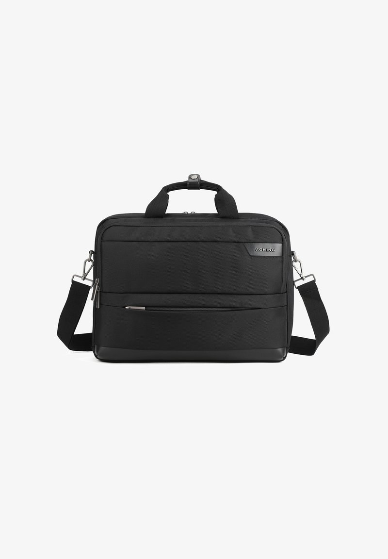 Borsa per laptop nera realizzata in nylon testurizzato, con tasca frontale con zip, maniglie doppie, tracolla regolabile e un discreto logo.