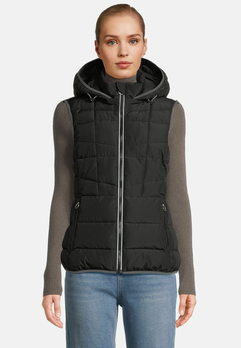 Zwarte gevoerde vest met een capuchon, ritssluiting en twee zijzakken. Heeft een gestikte ontwerp en een contrasterende grijze binnenkant.