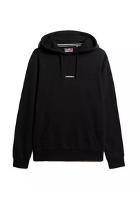 Zwarte hoodie gemaakt van katoen, met een voorste kangoeroezak, capuchon met trekkoord en een witte "SUPERDRY" logo op de borst.