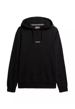 Sudadera negra de algodón, con un bolsillo tipo canguro en la parte delantera, capucha con cordones y el logo blanco "SUPERDRY" en el pecho.