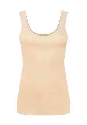 Beige, hihaton toppi, jossa on avara kaula-aukko. Sileä, joustava kangas, jossa on yksinkertainen malli ilman kuvioita tai korostuksia.