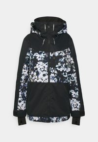 Veste noire avec panneaux floraux bleus et blancs, fermeture éclair à l'avant, capuche avec cordons de serrage et poignets avec trou pour le pouce.