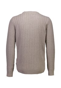 Beige stickad tröja med ribbad textur, med rund halsringning och långa ärmar, visad bakifrån.