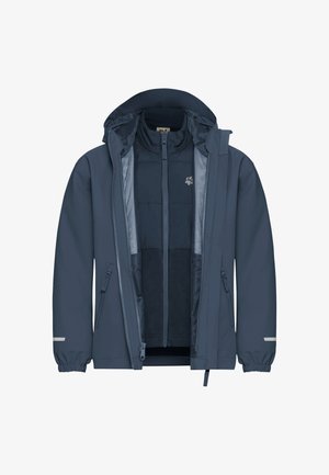 Marineblaue wasserdichte Jacke mit abnehmbarer Kapuze, elastischen Bündchen, zwei Seitentaschen und einem Reißverschluss vorne über einer helleren Innenschicht.