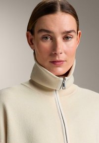 Crèmekleurige trui met rits, hoge kraag, een geribbelde structuur en zilveren rits. Glad stof met subtiele kleurvariaties.