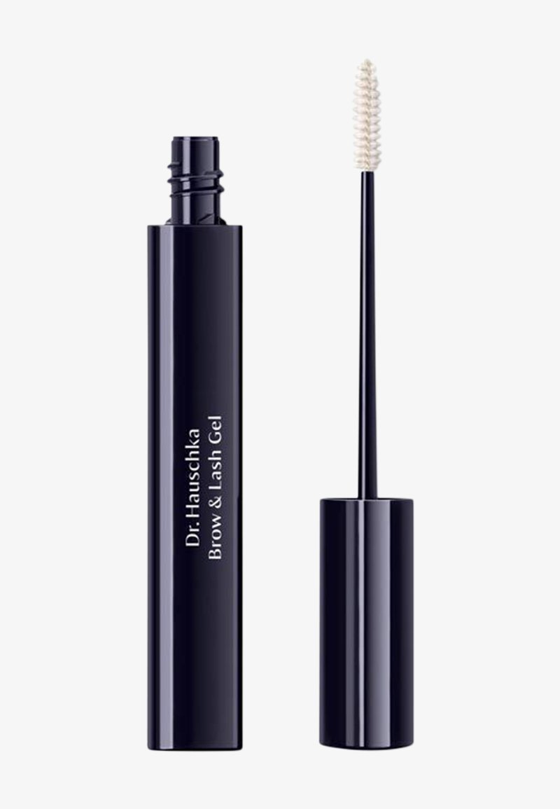 Black tube of Dr. Hauschka Brow & Lash Gel with white spoolie brush applicator separated from the cap.