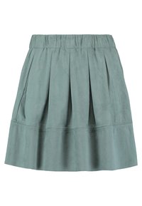 Fållad kjol i mjukt, dämpat tealtyg. Har ett elastiskt midjeband och en utsvängd form, med en slät textur och ingen synlig hårdvara.