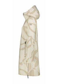 Beiger Regenmantel mit Kapuze, großem abstraktem Muster in einer helleren Farbnuance, seitlicher Reißverschlusstasche und Logo-Detail am Ärmel.
