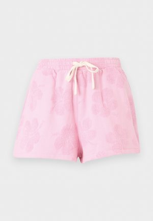 Roze terry-katoenen short met een elastische tailleband, witte trekkoord en een reliëf bloemenpatroon.