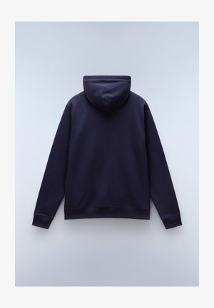 Mørkeblå hættetrøje lavet af blødt stof, med hætte, ribbede mansjetter og en bundkant. Glat tekstur med en afslappet pasform.
