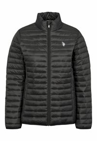 Černá péřová bunda s prošívaným vzorem, vysokým límcem a celopropínacím zipem vpředu. Má malou logo na hrudi a elastické manžety.