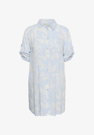 Svetlomodré košeľové šaty s jemným bielym vzorom listov a vyhrnutými rukávmi, s golierom a náprsným vreckom.