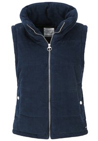 Mörkblå kordflorsväst med hög krage, dragkedja fram och två silverfärgade tryckknappar på sidorna. Vadderad design med vertikala sömmar.