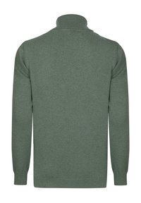 Maglione verde lavorato a maglia con colletto alto, maniche lunghe e polsi a costine. Il tessuto ha una texture liscia e un colore uniforme senza motivi.