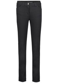 Svart denimjeans med slim fit, femfickorsdesign och knappstängning. Slät yta med subtila sömnadsdetaljer.