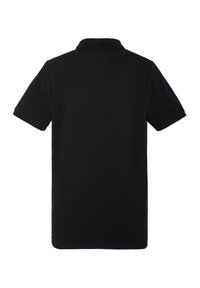 Sort polo skjorte med korte ærmer, lavet af glat stof, med klassisk krave og minimalistisk design uden synlige logoer eller mønstre.