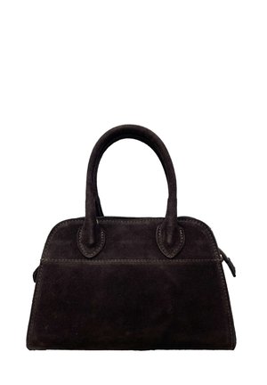 Borsa a mano nera in suede con manici arrotondati, chiusura con zip e dettagli a cucitura a contrasto. Il design presenta una forma strutturata e compatta.