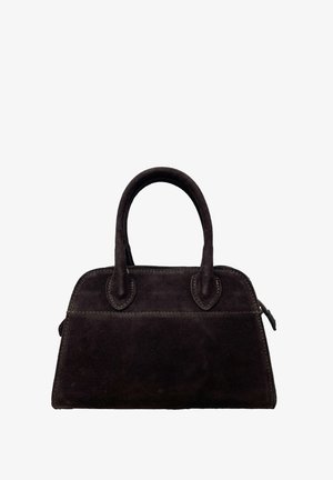 Black suede handbag with rounded handles, zip closure, and contrasting seam details. The design features a structured, compact shape.