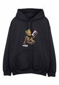 Felpa nera con cappuccio che presenta una grafica di Groot che tiene un nastro musicale, con il testo "Guardians of the Galaxy Vol. 2" sotto il design.