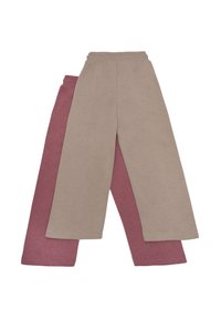 Deux paires de pantalons ample, l'une en beige clair et l'autre en bordeaux profond, fabriquées en tissu doux et texturé avec des ceintures élastiques.