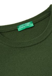 Collo di un maglione verde lavorato a maglia con bordo a costine e etichetta del marchio "United Colors of Benetton" cucita all'interno.