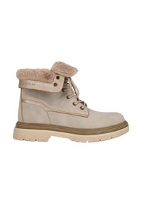 Beige Schnürstiefel aus Leder mit einem Kragen aus Kunstfell, strukturierten Sohlen und kontrastierenden braunen Nähdetails.