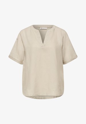 Beige bluse med korte ærmer, V-halsudskæring og opbukket ærmekant, lavet af letvægtsstof med en løs, afslappet pasform.