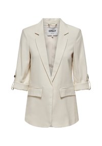 Blazer femme couleur crème avec manches retroussées, deux poches avant à rabat et col à revers, présenté sur un fond blanc uni.