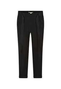 Pantalon noir à coupe ajustée, en tissu lisse, avec une taille repliée et des détails de lien sur les côtés. Ourlets à la cheville avec un effet retroussé.