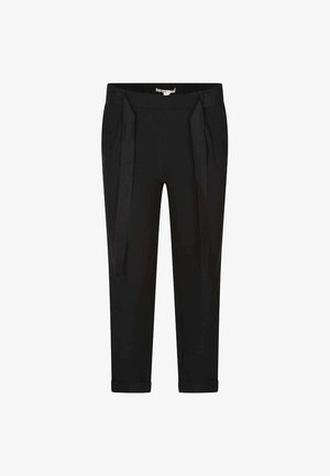 Pantalon noir à coupe ajustée, en tissu lisse, avec une taille repliée et des détails de lien sur les côtés. Ourlets à la cheville avec un effet retroussé.