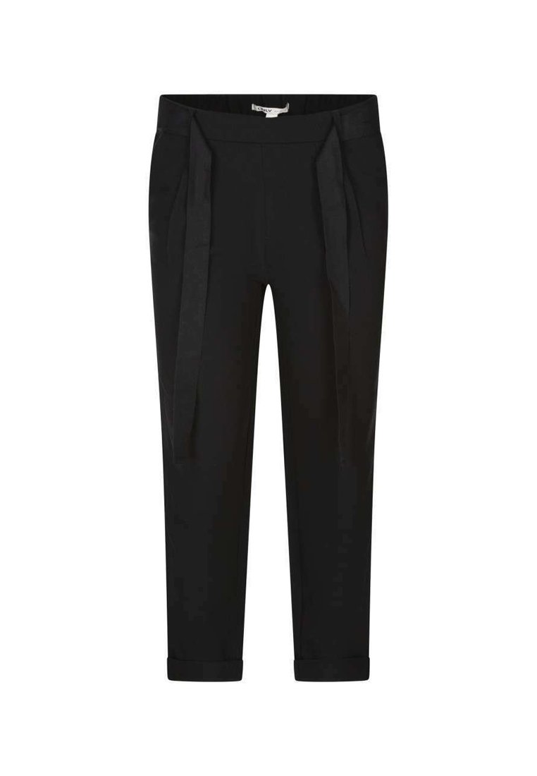 Pantalon noir à coupe ajustée, en tissu lisse, avec une taille repliée et des détails de lien sur les côtés. Ourlets à la cheville avec un effet retroussé.