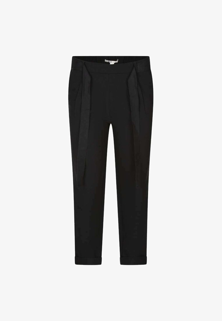 Pantalon noir à coupe ajustée, en tissu lisse, avec une taille repliée et des détails de lien sur les côtés. Ourlets à la cheville avec un effet retroussé.