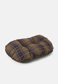 Brown and plaid cushion with quilted texture; features yellow, red, and white lines on a dark background. Rounded, soft shape.