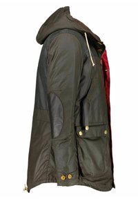 Donkergroene jack met een capuchon, voorzien van zwarte leren elleboogpatches, gouden knopen en een rode binnenvoering. Verstelbare zoom voor een goede pasvorm.