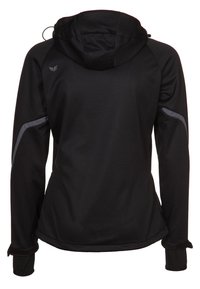 Schwarze Kapuzenjacke mit langen Ärmeln und grauen reflektierenden Streifen an den Oberarmen, von hinten gezeigt.