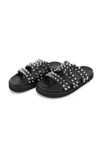 Black slide sandals with three broad straps, adorned with silver studs. Smooth material and thick, textured sole for added grip.