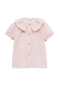 Světle růžová košile s krátkým rukávem, velkým volánovým límcem, svislými pruhy a dřevěnými knoflíky vpředu. Měkká, texturovaná tkanina.