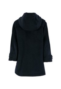 Cappotto in lana blu navy con cappuccio e maniche lunghe, mostrato da dietro su uno sfondo bianco.