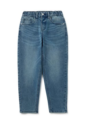 Pantaloni in denim azzurro chiaro con vita elastica, cinque tasche e design a gamba affusolata. Presentano un lavaggio sbiadito e cuciture visibili.
