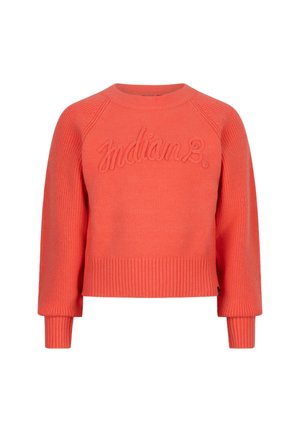 Korallefarbenes gestricktes Sweatshirt mit gerippten Bündchen und Saum. Auf der Vorderseite befindet sich ein erhabenes "Indian B"-Logo. Klassischer Rundhalsausschnitt; lockere Passform.