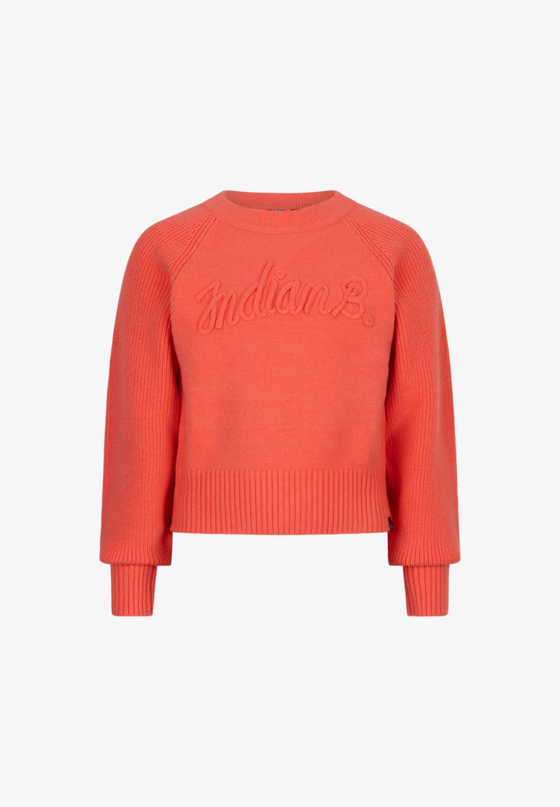 Korallefarbenes gestricktes Sweatshirt mit gerippten Bündchen und Saum. Auf der Vorderseite befindet sich ein erhabenes "Indian B"-Logo. Klassischer Rundhalsausschnitt; lockere Passform.