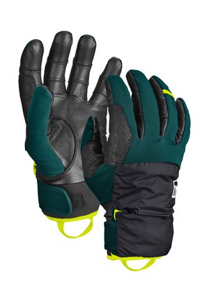 Black leather gloves with dark teal accents and textured grip. Includes fabric wrist section and yellow hardware loop for added functionality.