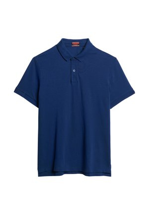 Marineblå polo-shirt lavet af bomuldsblanding, med krave, tre-knaps placket og korte ærmer med diskret branding på manchetterne.