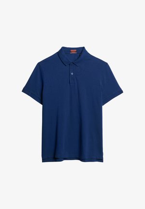 Navyblauwe polo gemaakt van een katoenmix, met een kraag, een placket met drie knopen en korte mouwen met subtiele branding op de manchetten.